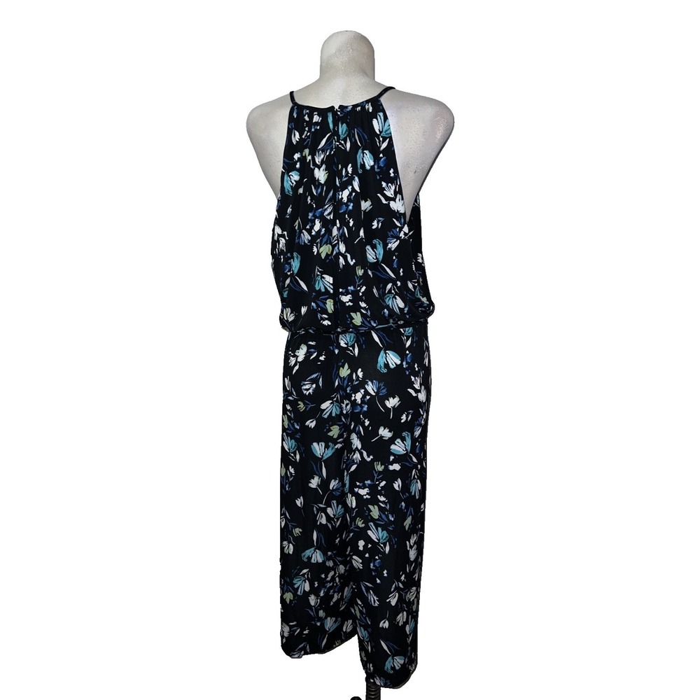London Times Womens Size 16 Black Blue Floral Halter Keyhole Jumpsuit Wide Leg - Picture 6 of 8